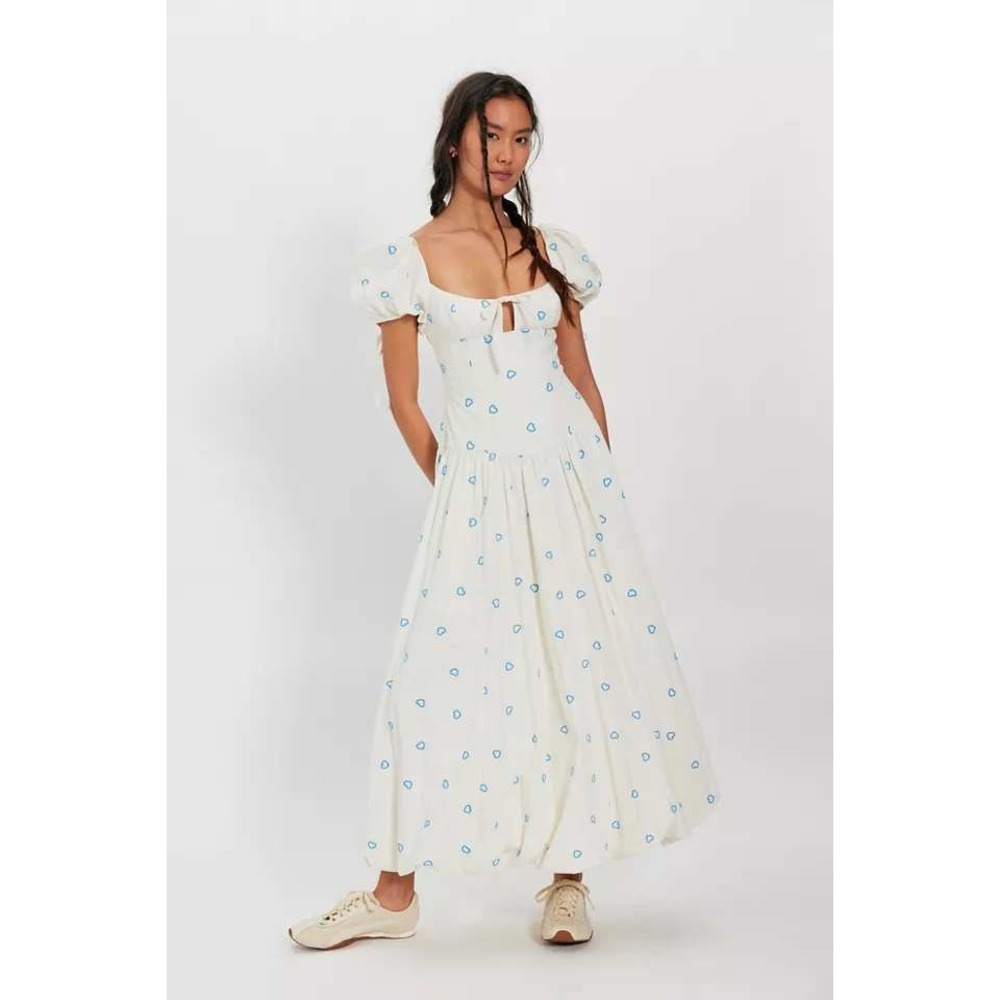 Free People Maxi Dress Womens 6 Heart Embroidered Puff Sleeve White Cottagecore